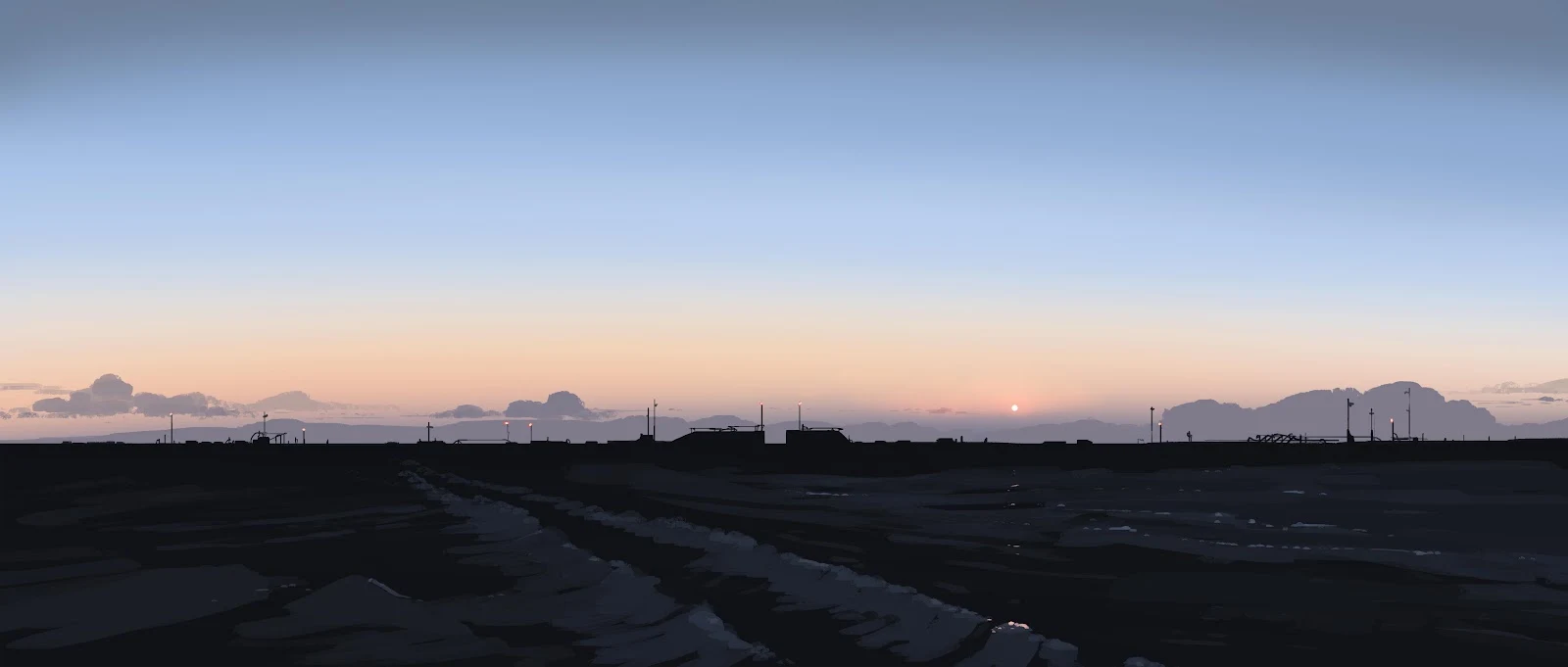 Sunset Over Coastal Silhouette - Digital Painting 4K Wallpaper (5640x2400)