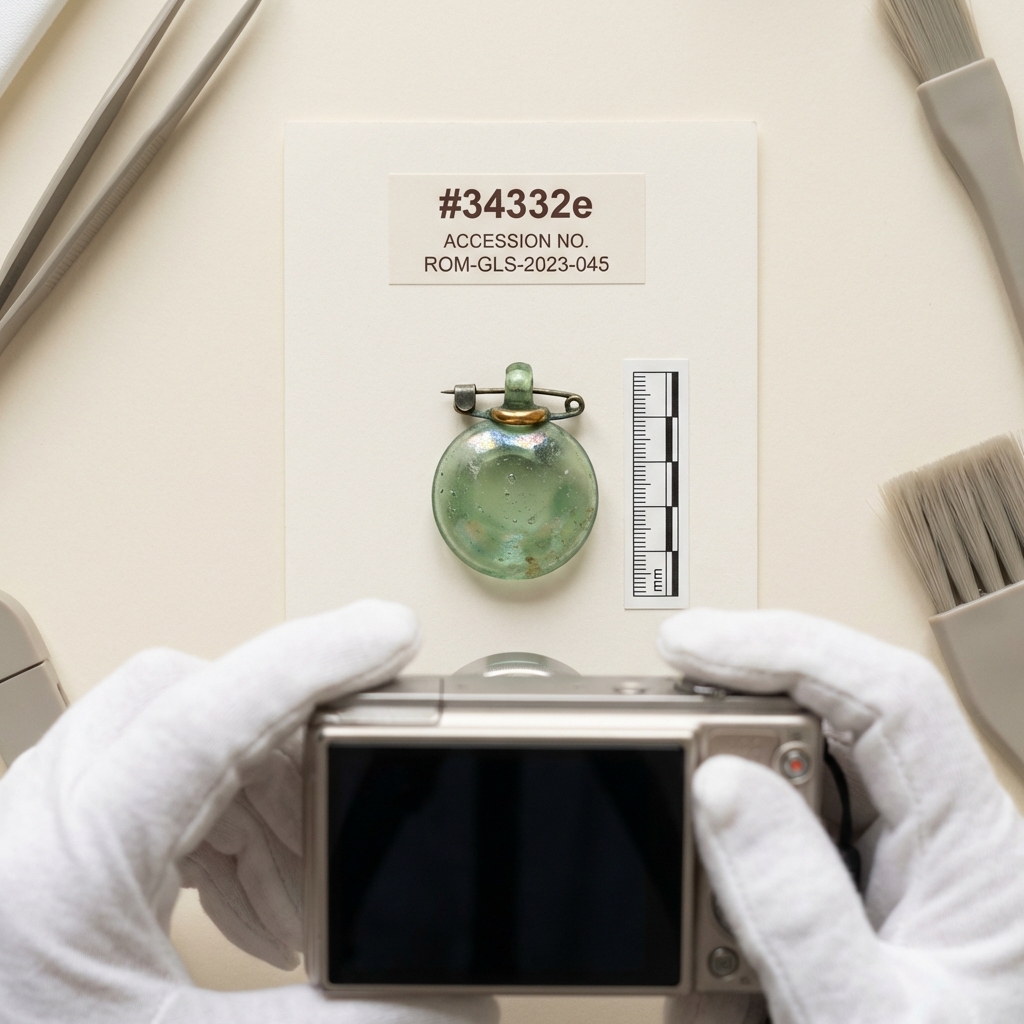 Conservator photographing small ancient roman glass jewelry pendant on white archival card with metric scale bar and printed accession label against cream background