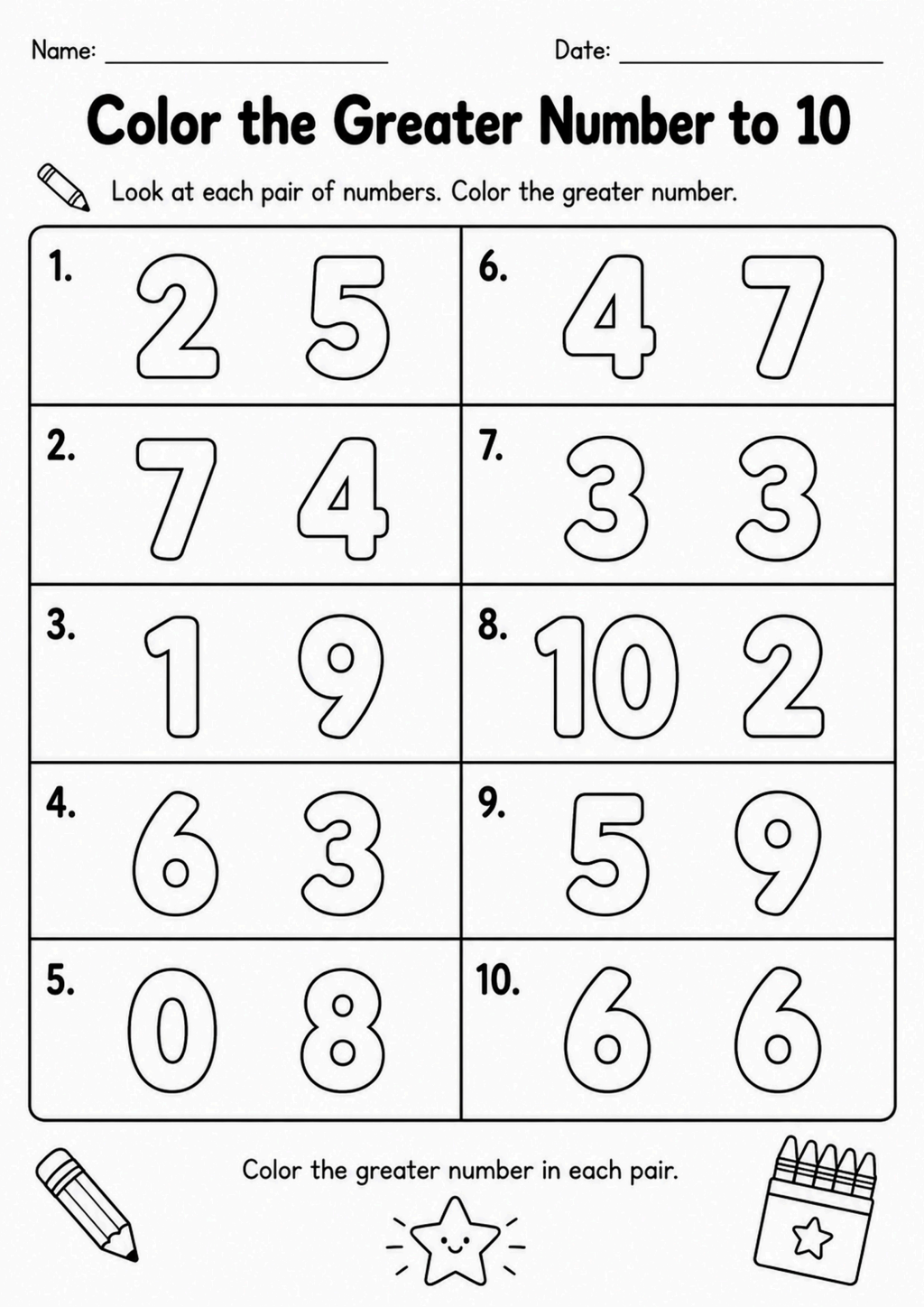 Color the Greater Number to 10 Worksheet