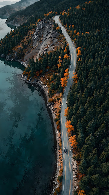 Aerial Forest Road Autumn Drive, Mountain Lake Landscape - Free mobile Wallpaper