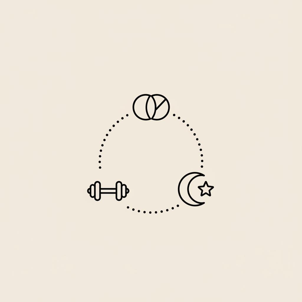Minimal line illustration of a capsule, small dumbbell, and crescent moon sleep icon connected by a dotted circle representing metabolism boosters on a beige background