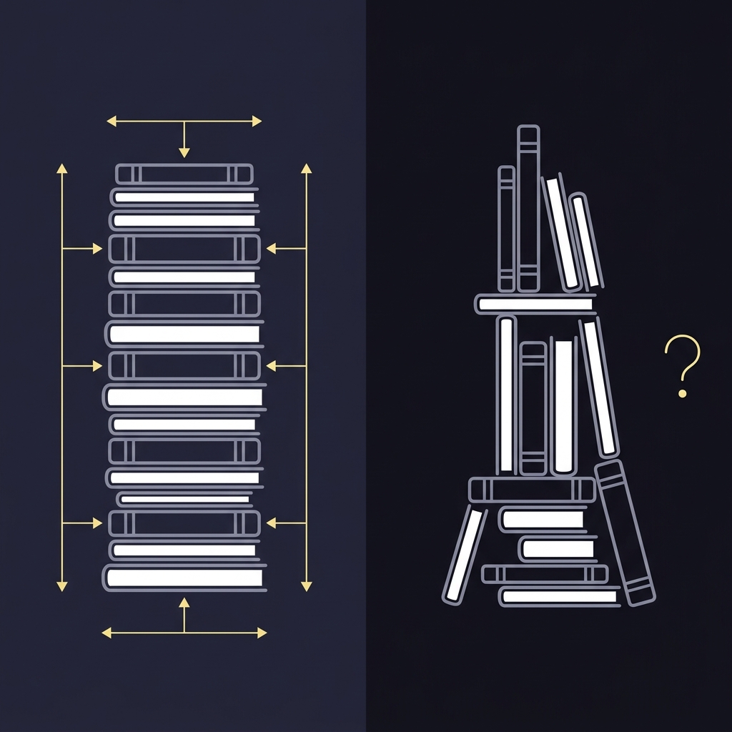 Minimalist 2D vector split image showing symmetric aligned books with proportional arrows and asymmetric staggered books with a subtle question mark style adjustment indicator no vig odds