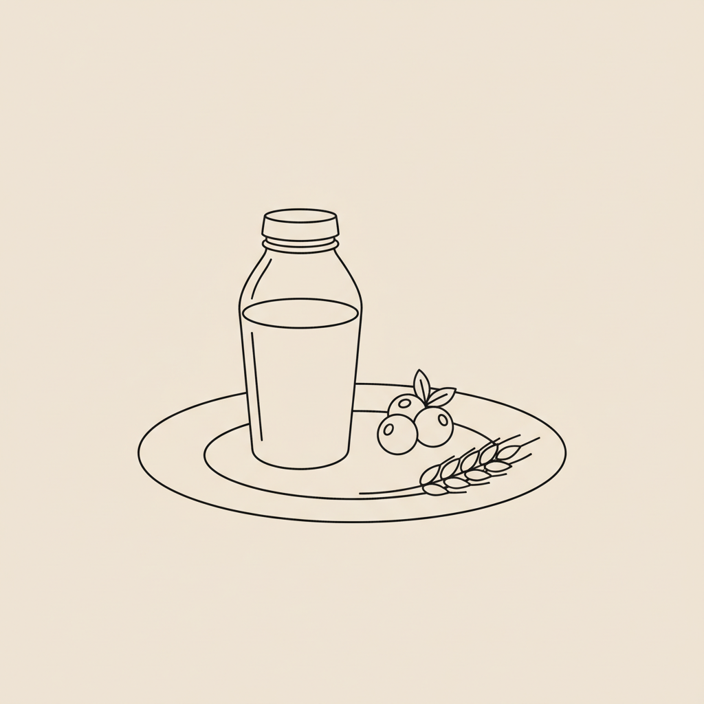 Minimalist vector illustration of a plate with a protein shake bottle, berry cluster and wheat slice on beige background. Is 150 calories a lot for a protein shake?