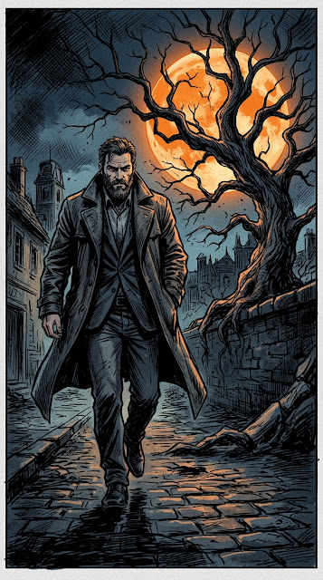Graphic Novel Style Illustration of Man Walking Under Tree with Large Moon - Free mobile Wallpaper