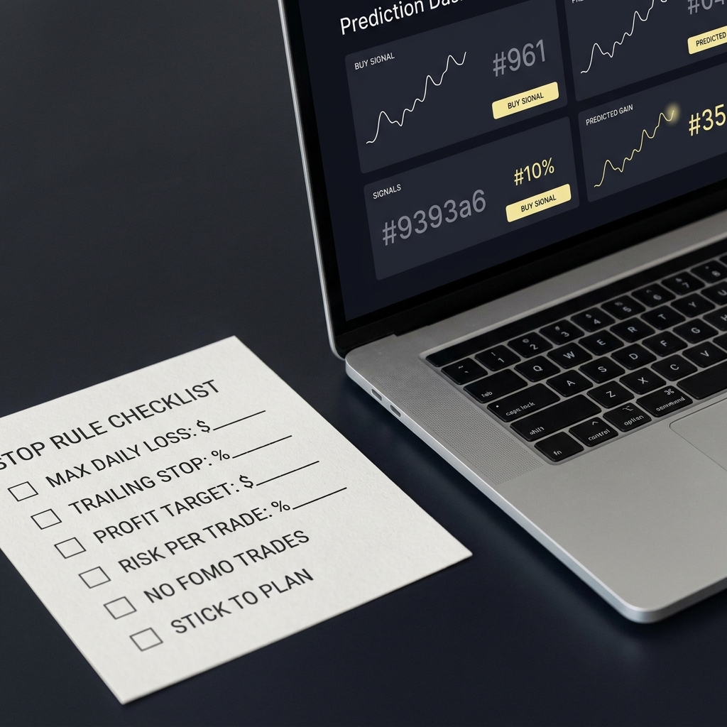 Close up of printed stop rule checklist beside a laptop showing a prediction dashboard illustrating Using Stop Rules to Prevent Emotional Decisions minimalist Funded Plays brand colors
