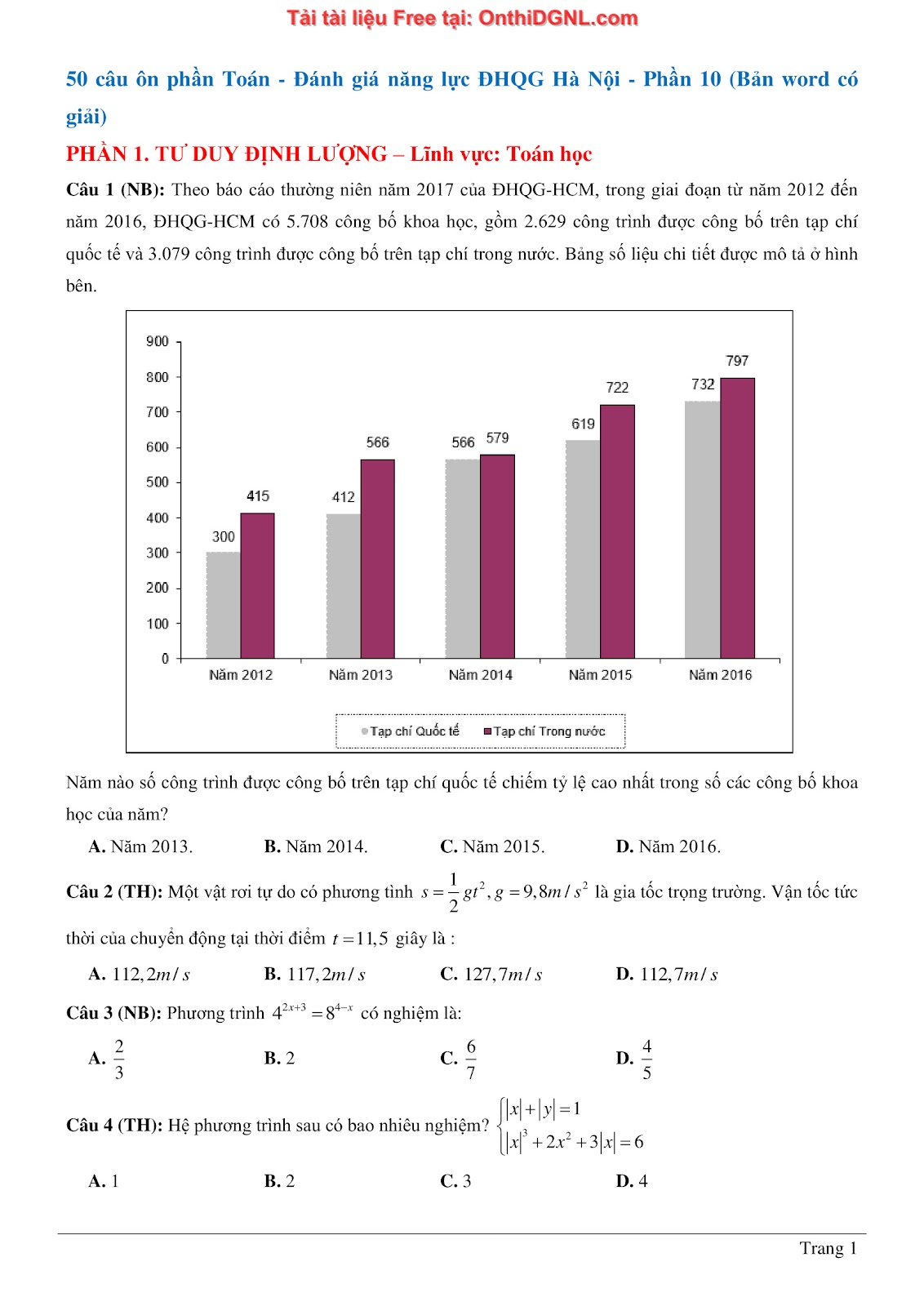 1300 bài tập môn Toán - Ôn thi ĐGNL ĐHQG Hà Nội Phần 10