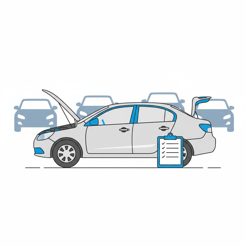 Minimalist vector illustration of a used car lot showing a generic sedan with open hood and trunk and a clipboard checklist emphasizing honda cars for sale