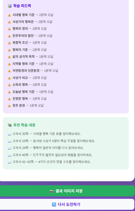 통합사회 2단원 행복 퀴즈 결과 화면 성취 수준 부족 개념