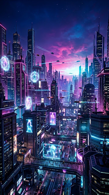 Futuristic Cityscape at Dusk with Neon Outlines and Flying Cars - Free mobile Wallpaper