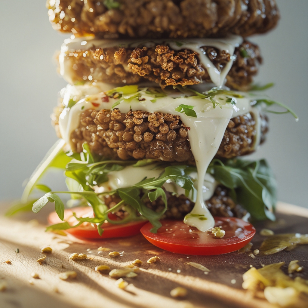 Spiced Harissa Lentil & Feta Burgers With Lemon-Garlic Yogurt Sauce