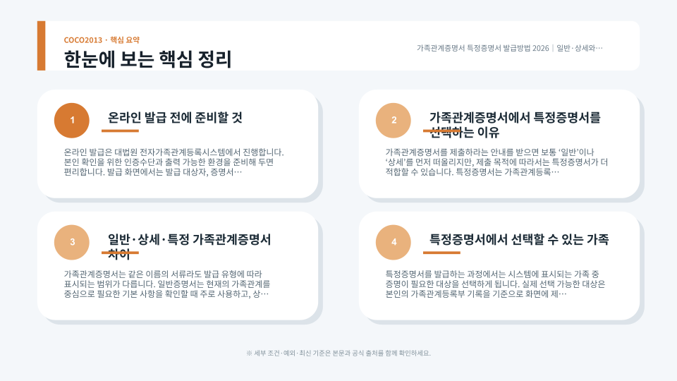 전자가족관계등록시스템에서 가족관계증명서 특정증명서를 선택하고 필요한 가족을 지정하는 절차
