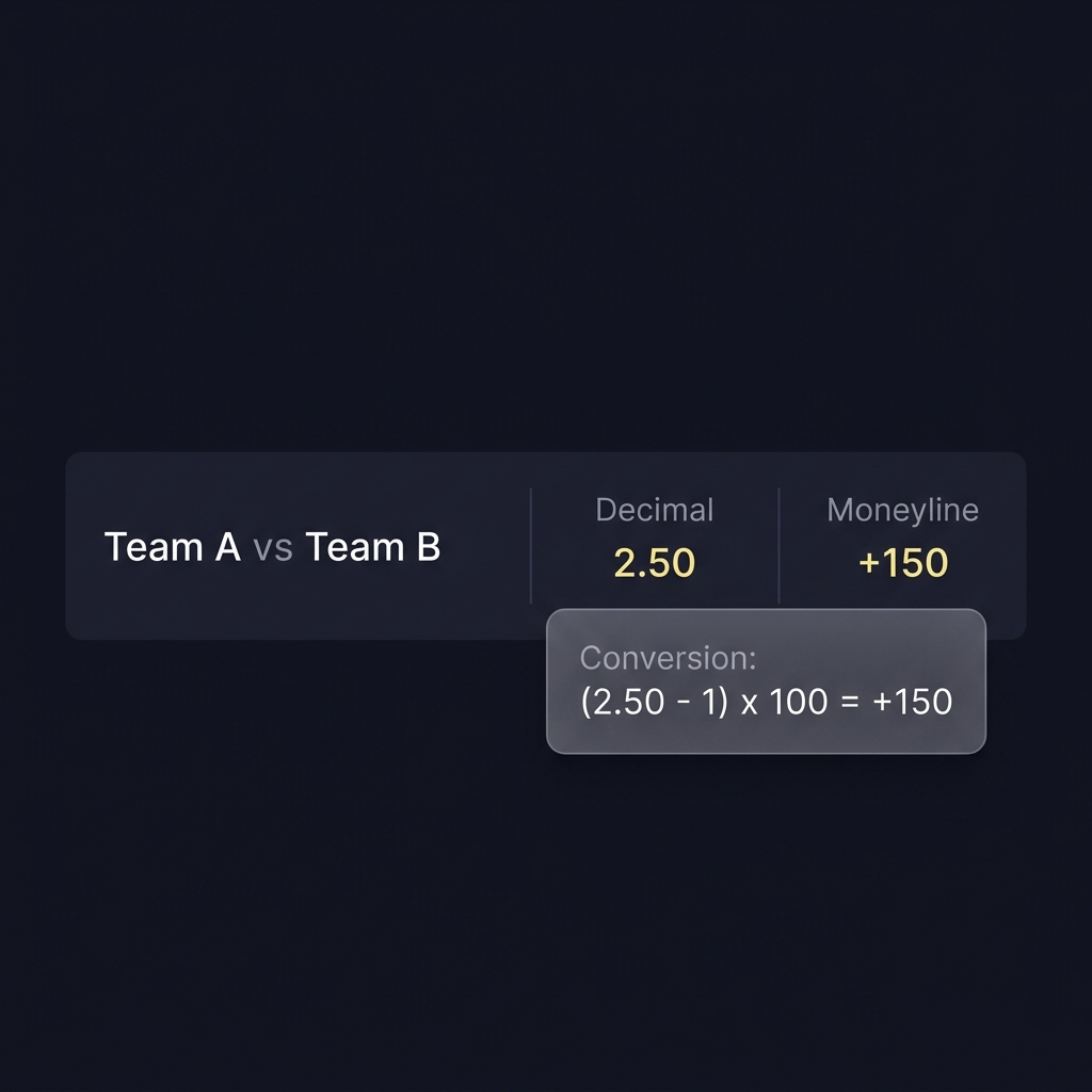 Close up of a live odds row displaying decimal and moneyline values with a highlighted conversion calculation overlay on a Funded Plays style dark UI How to Read Live Odds on FundedPlays
