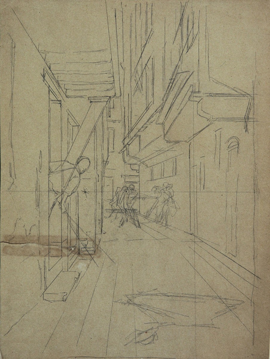 Perspektivskizze zu Straßenkampf in einem venezianischen Gässchen 1887