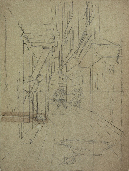 Perspektivskizze zu Straßenkampf in einem venezianischen Gässchen 1887