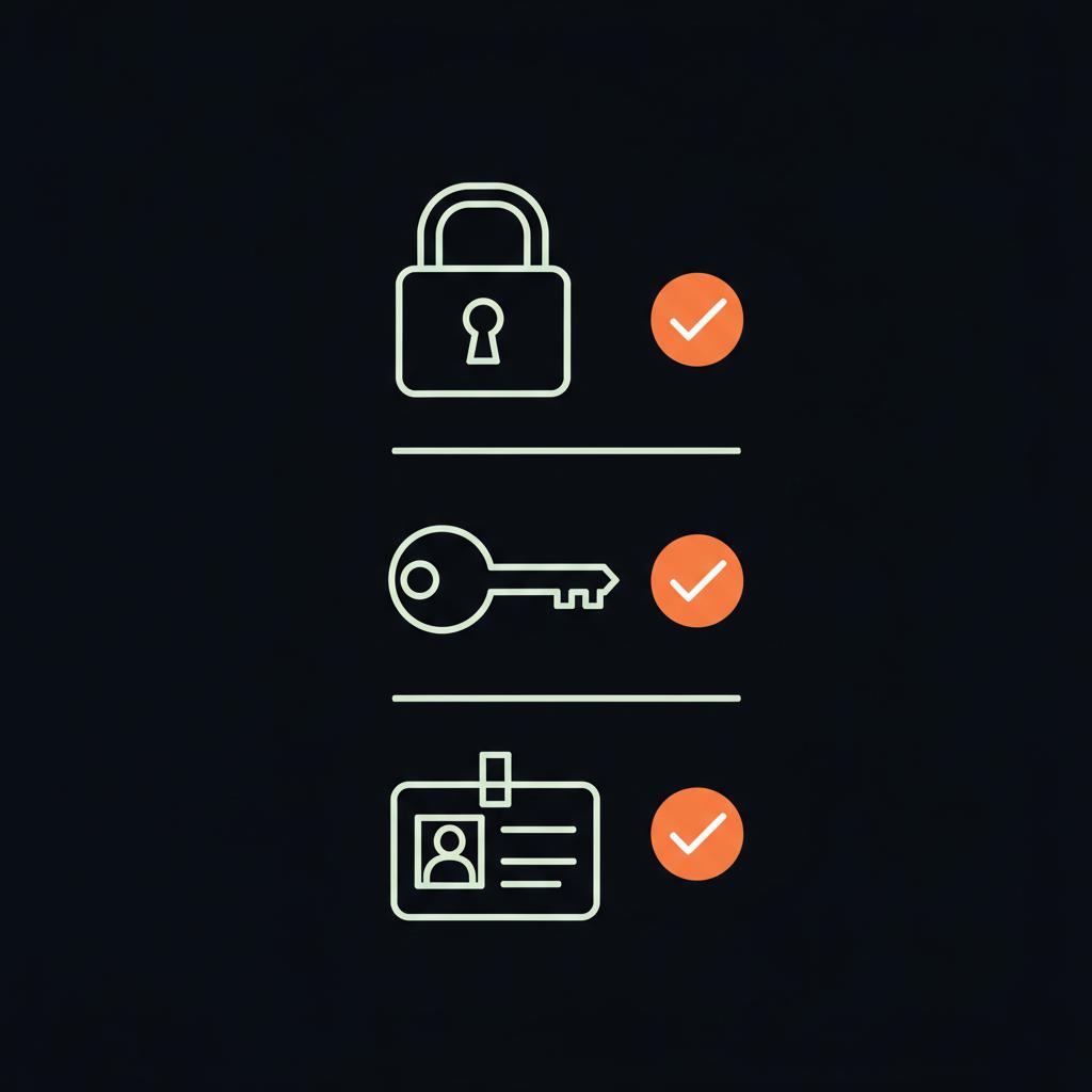 Minimal 2D vector checklist infographic with lock, key and ID card icons stacked vertically in Social Success Hub brand colors to recover Facebook account by name