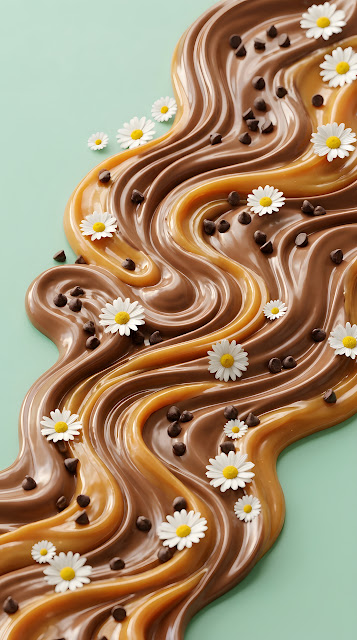 Abstract 3D Render of Caramel and Chocolate Flowing Ribbons with Daisies - Free mobile Wallpaper