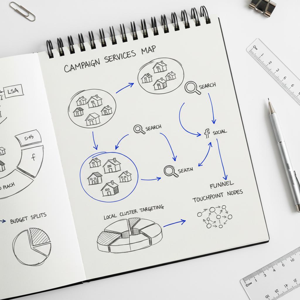 Top-down sketched workspace with a localized campaign map showing neighborhood clusters, arrows to LSAs, Search and social &mdash; best advertising for roofers