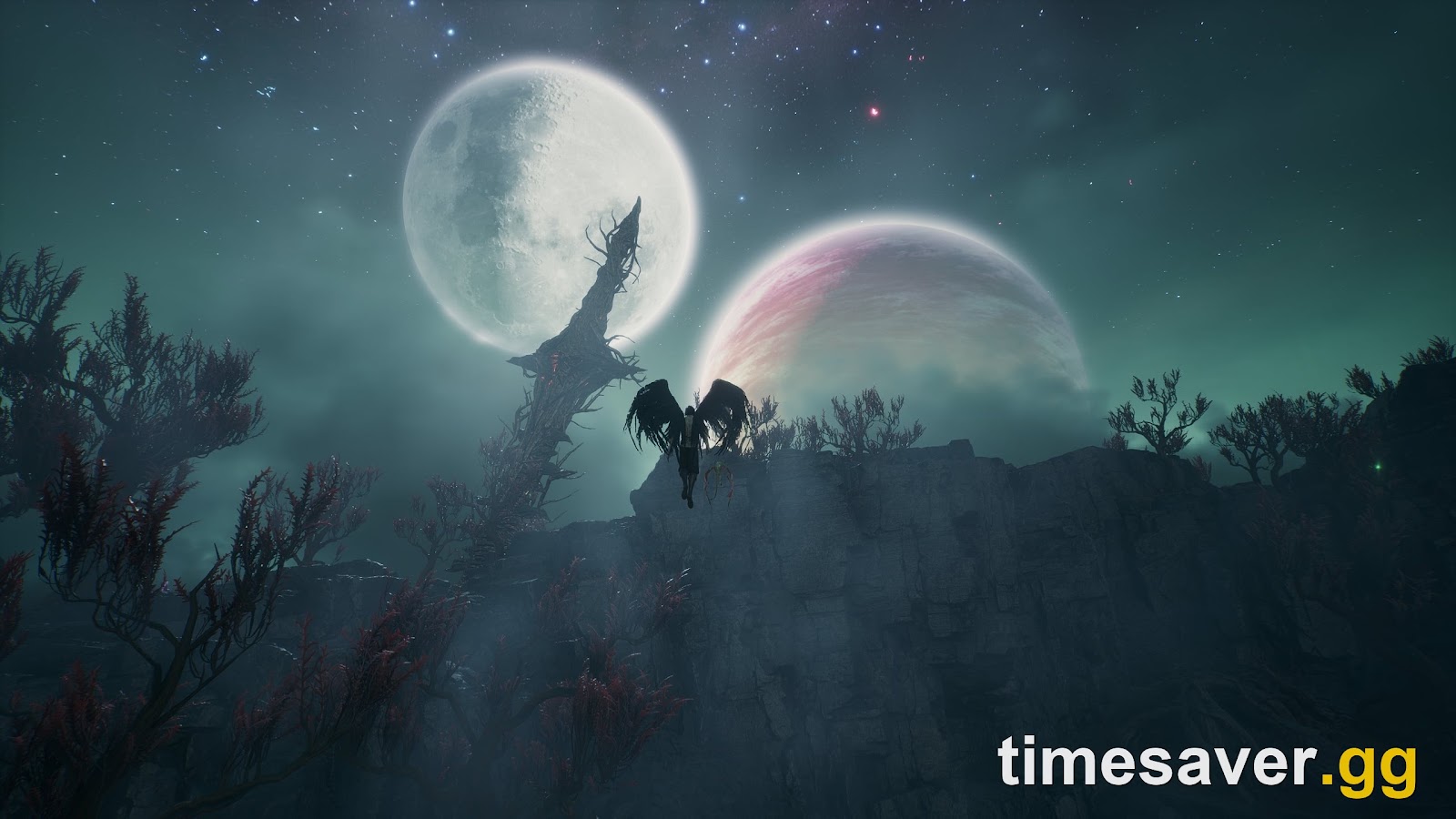 AION 2 winged character flying above dark ruins beneath twin moons