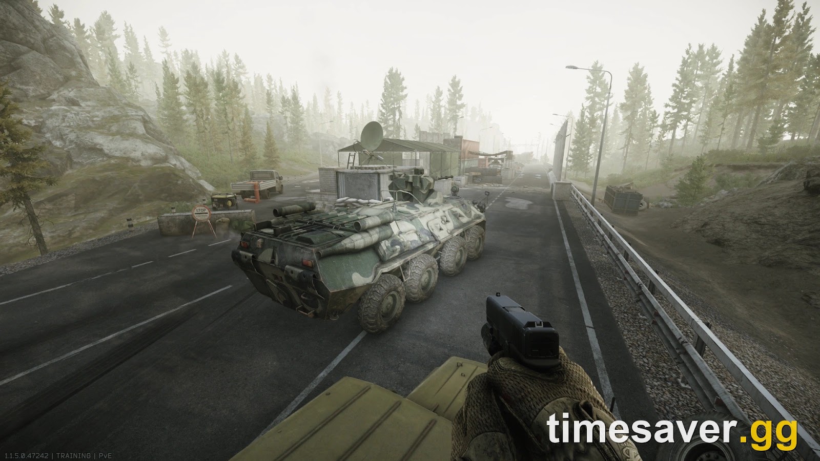 The BTR-82A armored transport at the Woods UN checkpoint in Escape from Tarkov Season 1