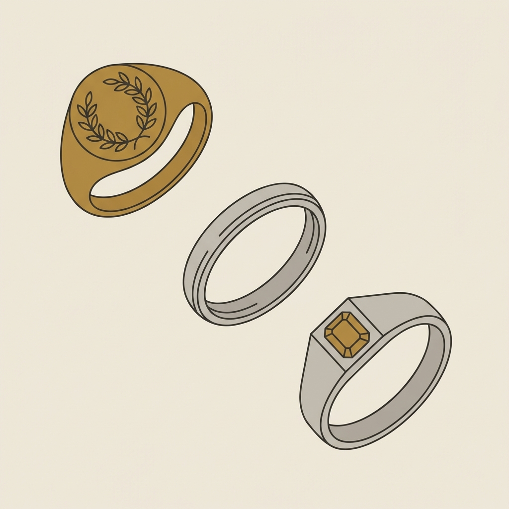 Minimalist 2D vector illustration of three ancient roman rings top view on warm beige background in Aurora Antiqua color palette