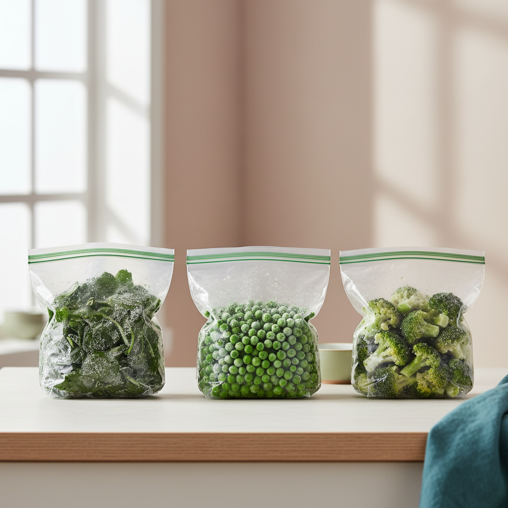 Nahaufnahme vorportionierter Gefrierbeutel mit Spinat, Erbsen und Brokkoli auf hellem Küchenarbeitsplatz – welches gemuese jede woche essen