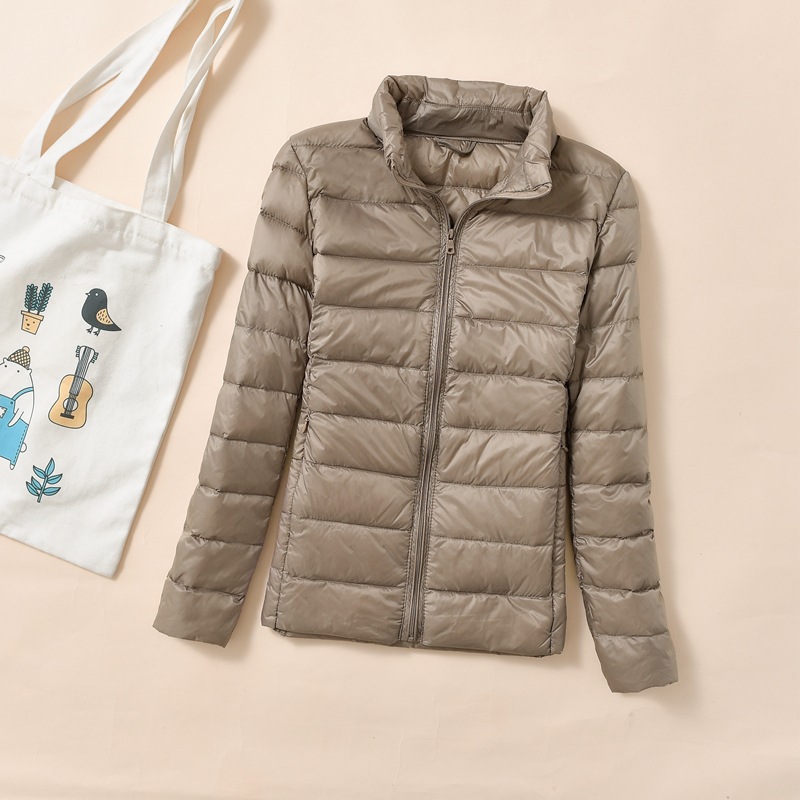 Women's down jacket, cropped, stand-up collar, fitted, with duck down