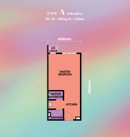 Axis, Causewayz Square Type A floor plan — 366 sq ft, 1 bedrooms