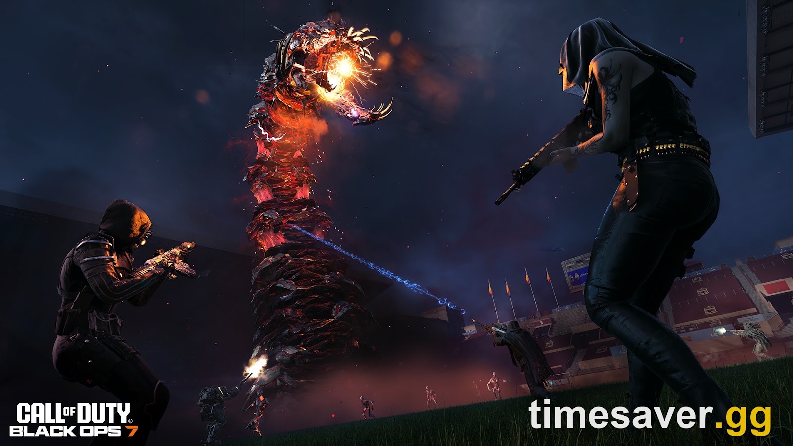 Warzone operators battling a towering molten infected creature in Giant Infected on Haunted Hollow