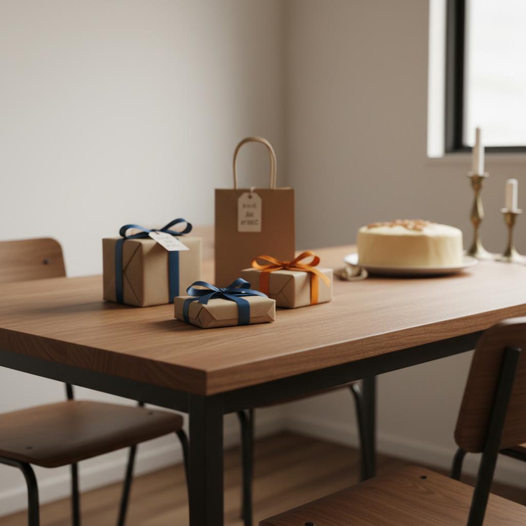 Nahaufnahme eines Esstisches mit mehreren kleinen Geschenken, Vanillekuchen am Rand, warme Beleuchtung und Akzente in #0044CC und #ff9800 – geschenkideen für seniorinnen