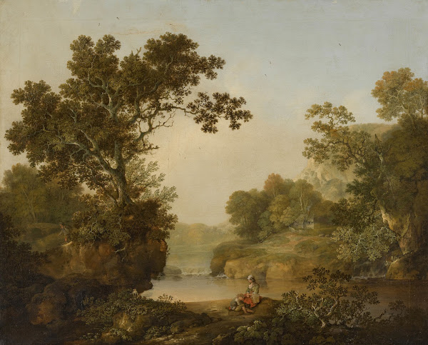 A wooded landscape with figures in the foreground a cottage beyond 1769