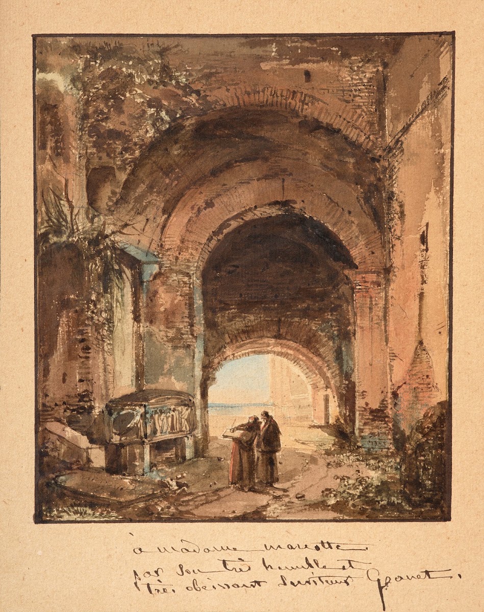 Two monks in front of an ancient tomb under Roman arcades