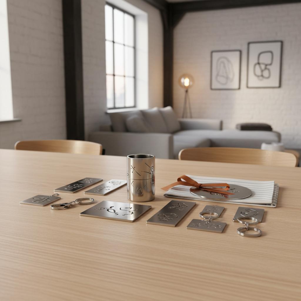 Nahaufnahme personalisierter Metallgeschenke auf Holz-Esstisch im minimalistischen, industriellen Stil – was kann man gravieren an Schlüsselanhängern und kleinem Schild