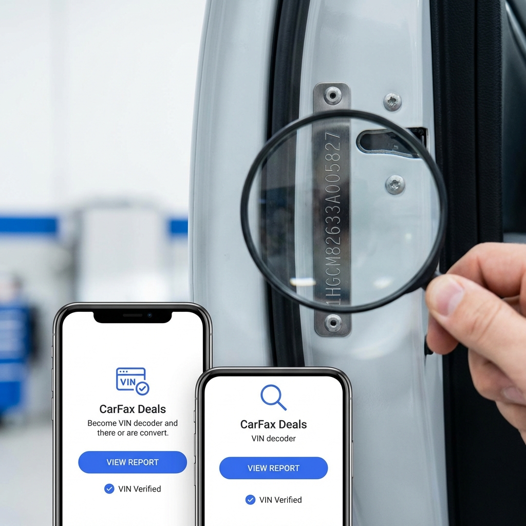 Close up of a vehicle VIN plate on a door jamb with a magnifying glass and phone showing a VIN decoder app in CarFax Deals colors white and blue kelley blue book vin lookup