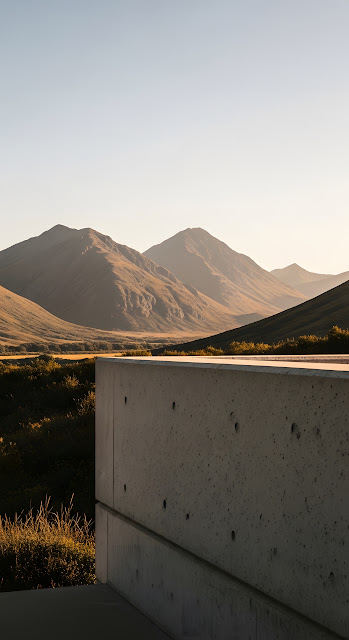 Modern Concrete Structure Overlooking Golden Mountain Valley - Free mobile Wallpaper
