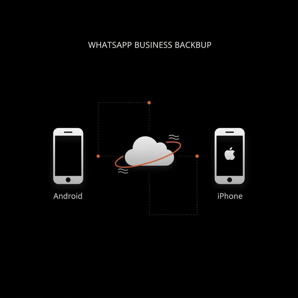 Minimal vertical infographic showing Android and iPhone icons connected to a central cloud backup with the label "WhatsApp Business backup", in Social Success Hub palette.