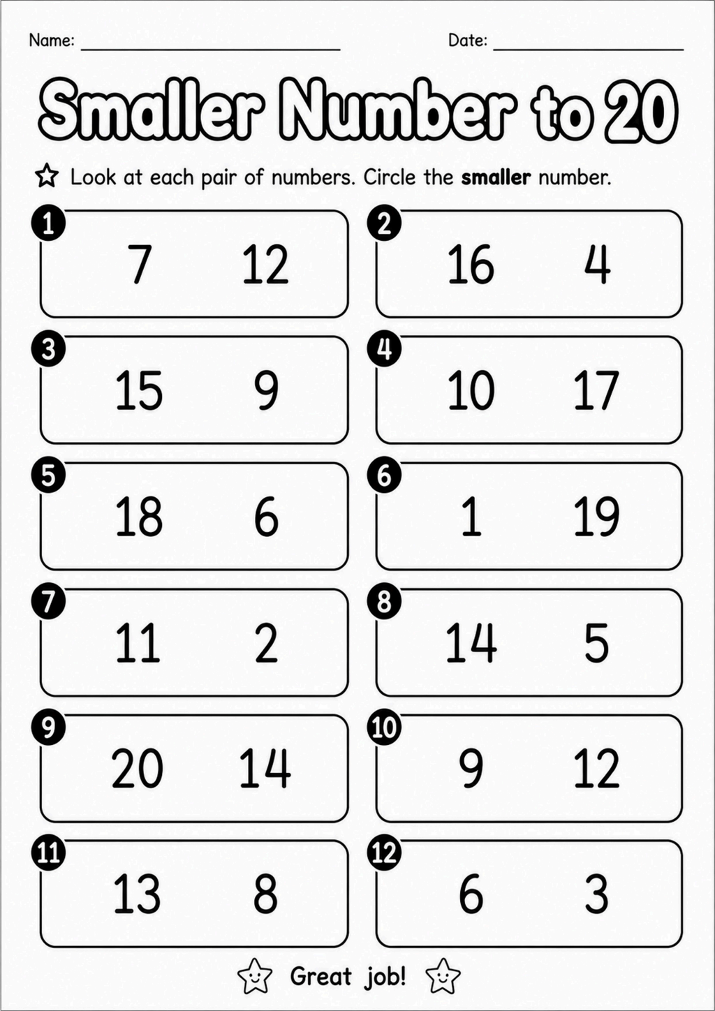 Smaller Number to 20 Worksheet