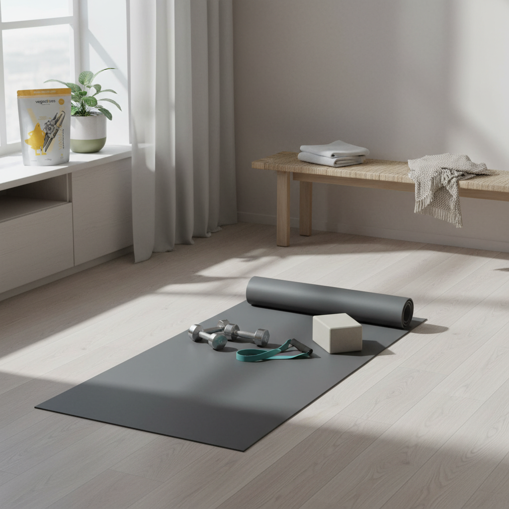 Minimalistisches Heimtraining mit Yogamatte, Kurzhanteln und Widerstandsband im winterlichen Licht, skandinavisches Interieur, Fokus auf Ausrüstung zum abnehmen und muskeln aufbauen