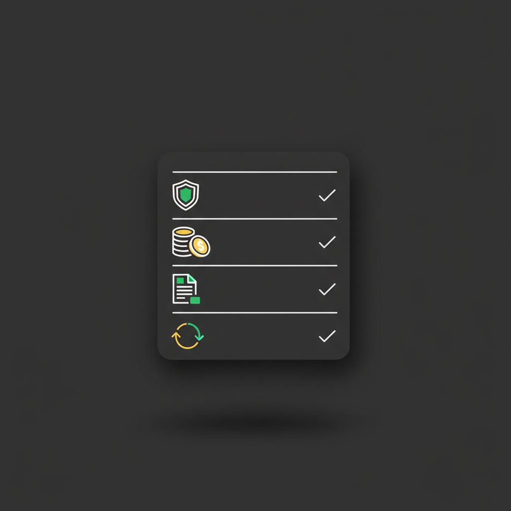 Minimalist 2D vector checklist showing custody fees tax documentation and liquidity icons for a crypto retirement account in Finance Police brand colors