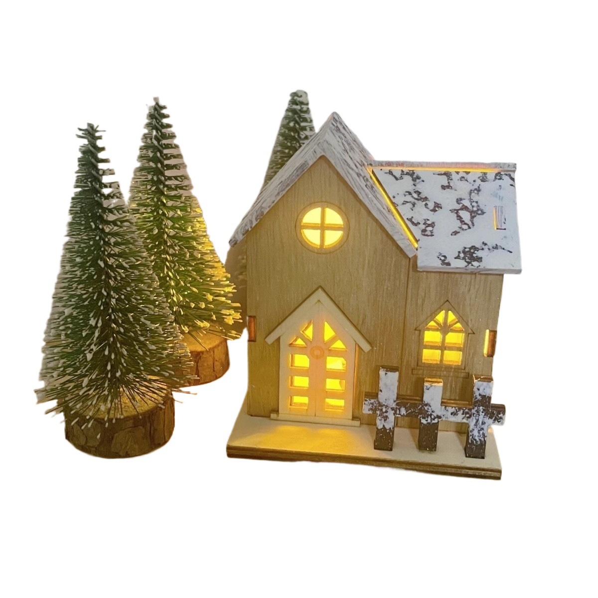 Illuminated Wooden Christmas House with Snowy Landscape