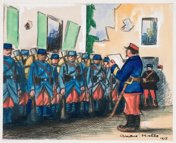Régiment de Poilu dans un bâtiment en ruines face à leur supérieur 1915
