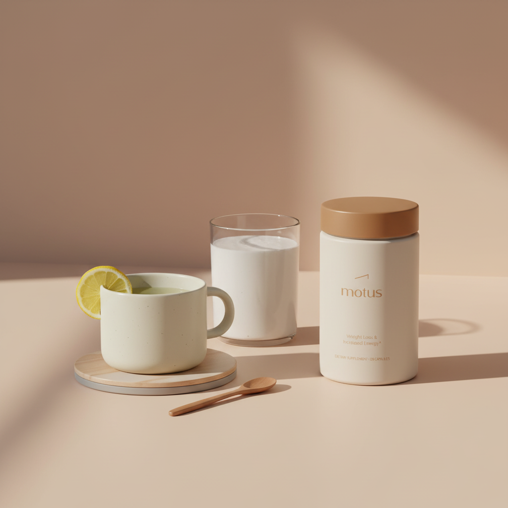 Tonum Motus supplement jar beside a protein shake and green tea on a soft beige counter, suggesting routines to reduce belly fat in 7 days