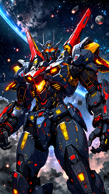 Epic Sci-Fi Mecha Robot Warrior Floating in Galactic Space - Free mobile Wallpaper