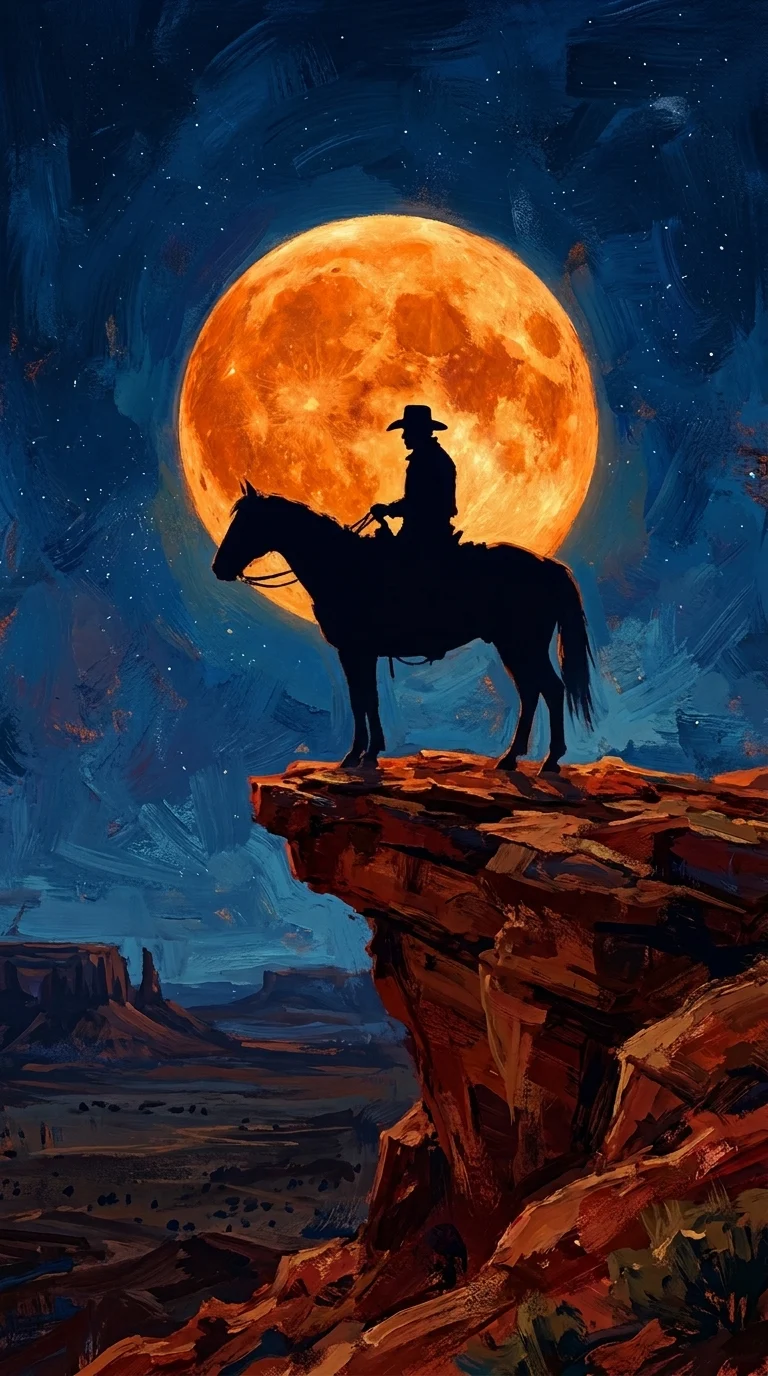Stylized Western Painting of a Cowboy on Horseback Against a Massive Moon - Free 4K mobile Wallpaper