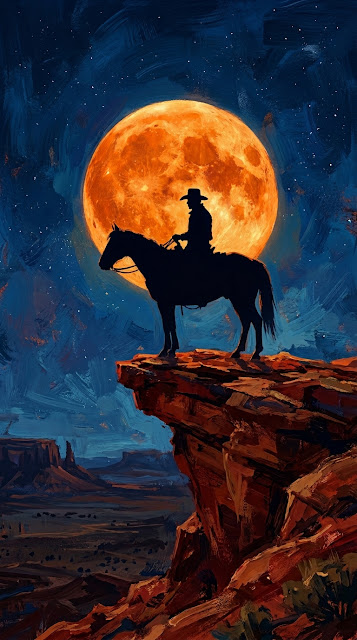 Stylized Western Painting of a Cowboy on Horseback Against a Massive Moon - Free mobile Wallpaper