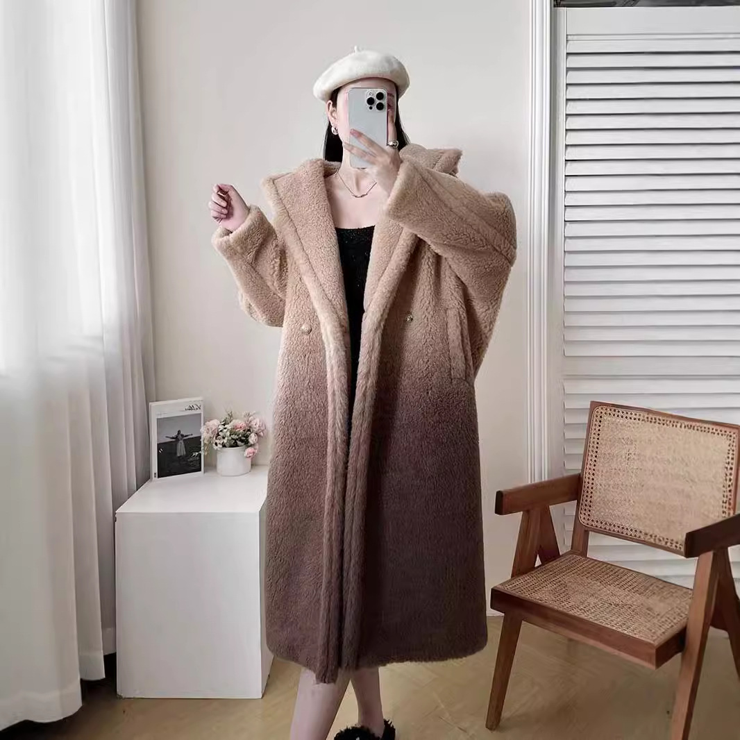 Women's Teddy Coat, mid-length, alpaca wool, gradient
