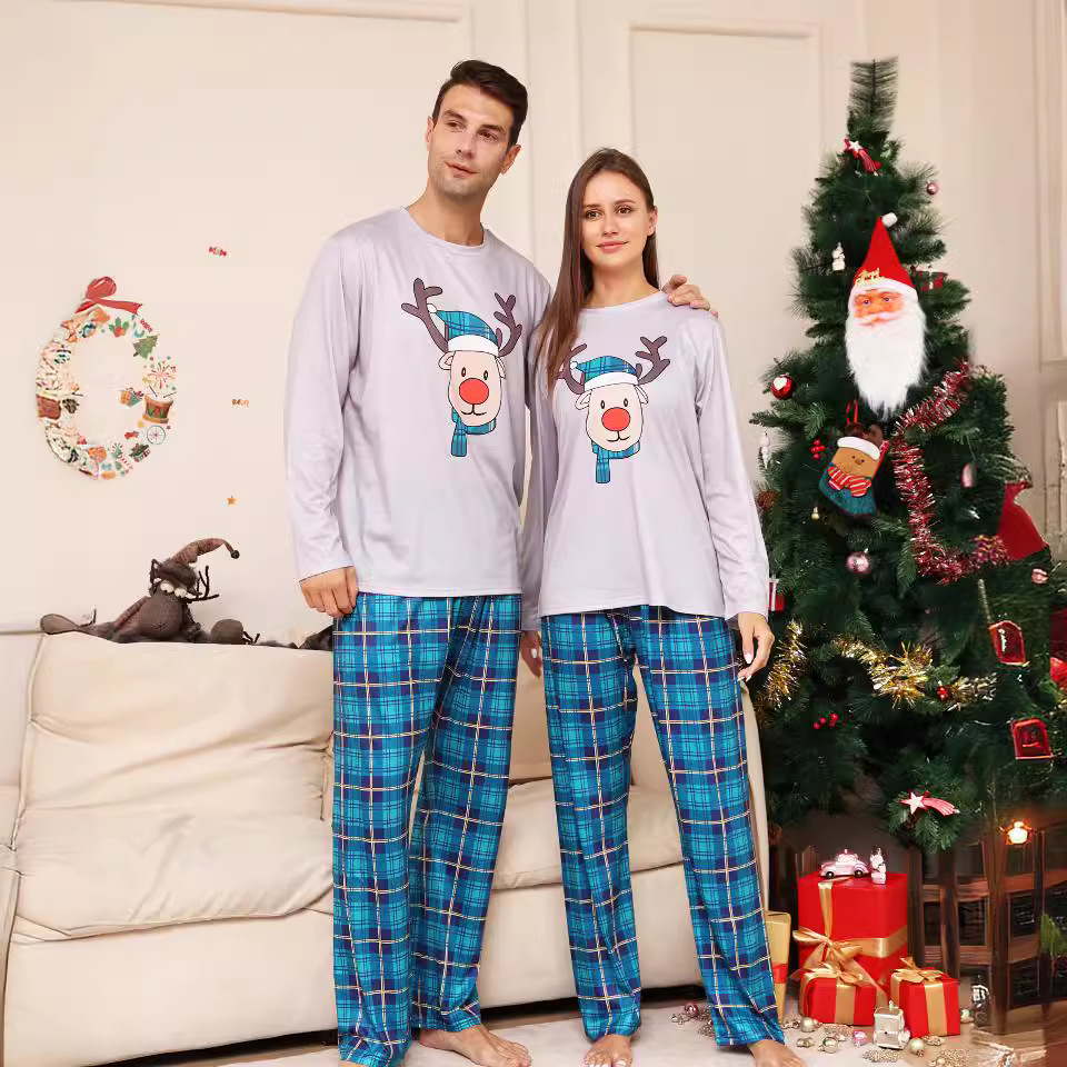 Christmas Pajama Set for Families, plaid with reindeer motif