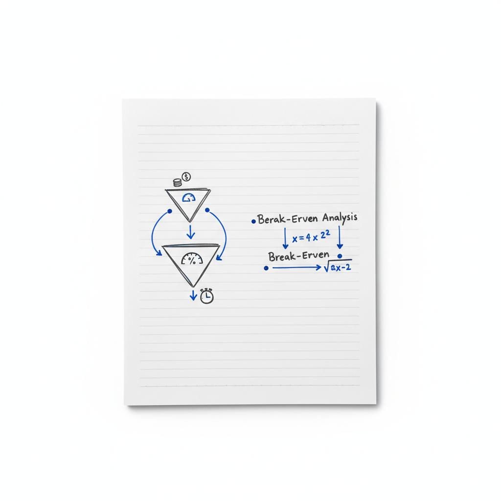 Close-up hand-drawn notebook sketch of a marketing funnel and break-even math with coin (AOV), percentage gauge (margin) and clock icon for attribution latency, highlighted in #1a5bfb &mdash; CPA marketing