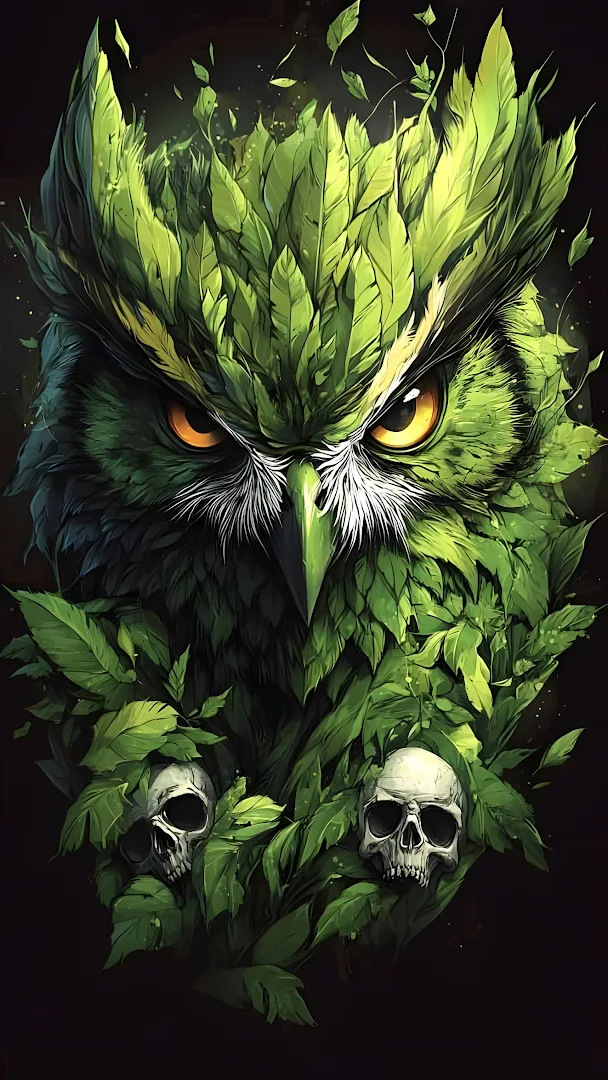 Intense Green Leaf Owl with Skulls and Dark Background