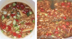 Trộn đều số gừng băm còn lại, ớt với 3 muỗng canh nước tương, 2 muỗng canh đường, 1 muỗng canh giấm, 1 muỗng canh dầu mè, 1 muỗng canh nước cùng số bột bắp còn lại. Sau đó cho vào chảo, đun nhẹ. Khi hỗn hợp trở nên sền sệt thì cà tím vào đảo thật nhanh trên lửa to khoảng 1-2 phút. Tắt bếp.