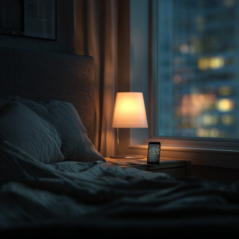 침대에서 스마트폰을 멀리 두는 모습